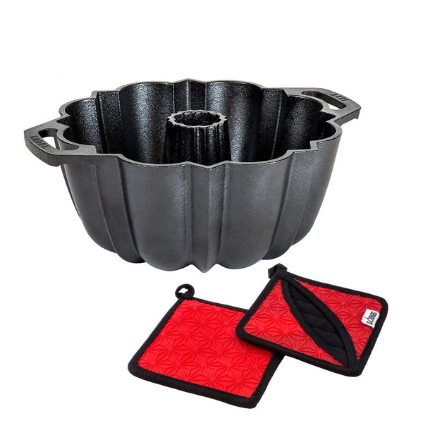 Lodge Cast Iron Fluted Cake Pan with Red Potholders - Cookware Handle Accessory